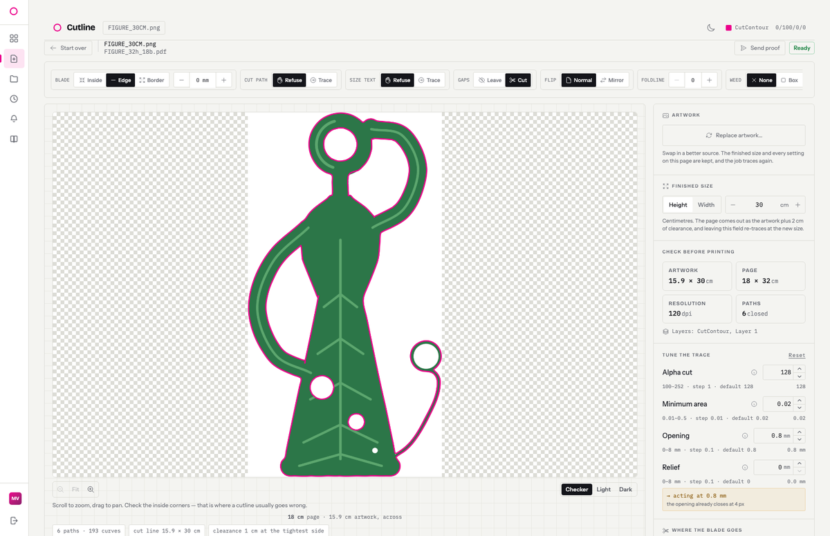 The tuner on a figure at 30 cm. The cut path rings the outer silhouette and also each enclosed gap: the counter inside the head ring, the gap where the raised arm returns to the head, the gap under the arm on the hip, and two seeds down the gown. The preflight column reads artwork 15.9 by 30 cm, page 18 by 32 cm, 120 dpi, six paths closed, and the bar beneath the preview reads six paths, 193 curves.