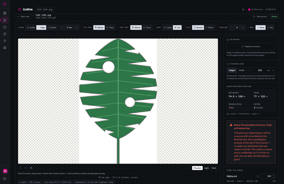 The tuner on a leaf taken to 120 cm: the resolution tile reads 9 dpi in red, and a danger callout beside it says the file is below the printable minimum, that it will print as visible blocks, and that no slider can add detail that was never in the file