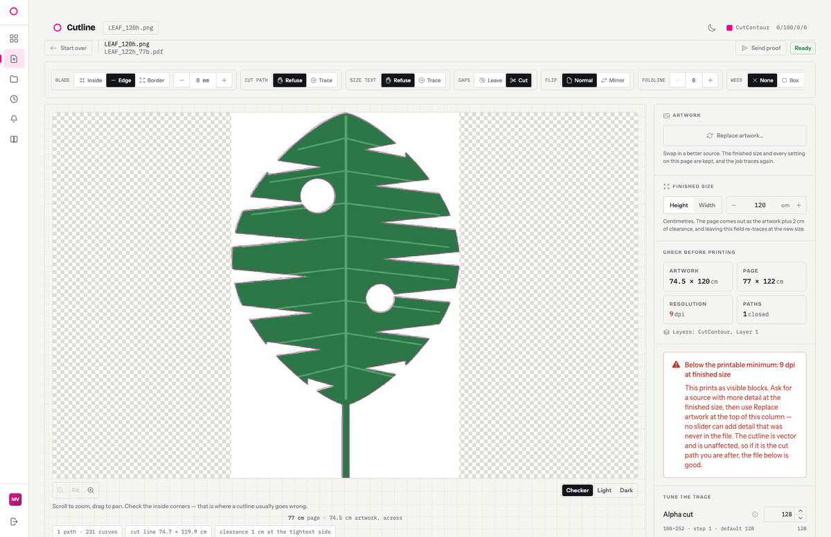 The tuner on a leaf taken to 120 cm: the resolution tile reads 9 dpi in red, and a danger callout beside it says the file is below the printable minimum, that it will print as visible blocks, and that no slider can add detail that was never in the file