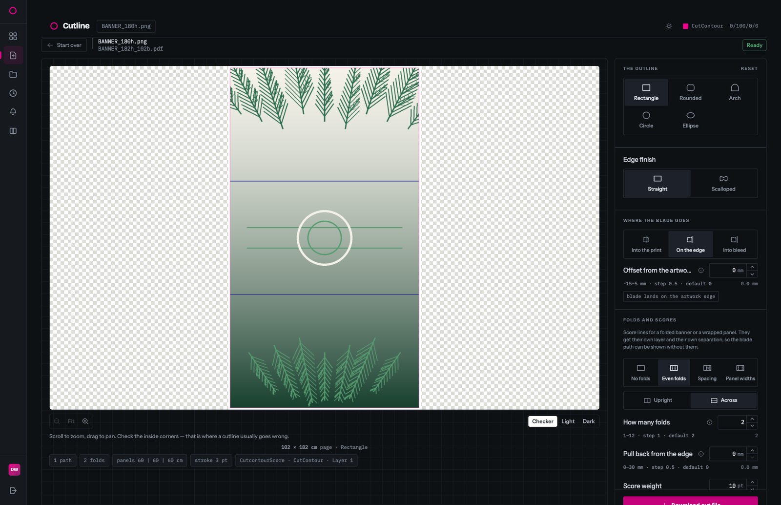 The shape screen with the outline switched through rectangle, rounded, arch, ellipse and circle on a tall banner: the cut path redraws over the artwork each time, and the page size and outline named under the preview change with it