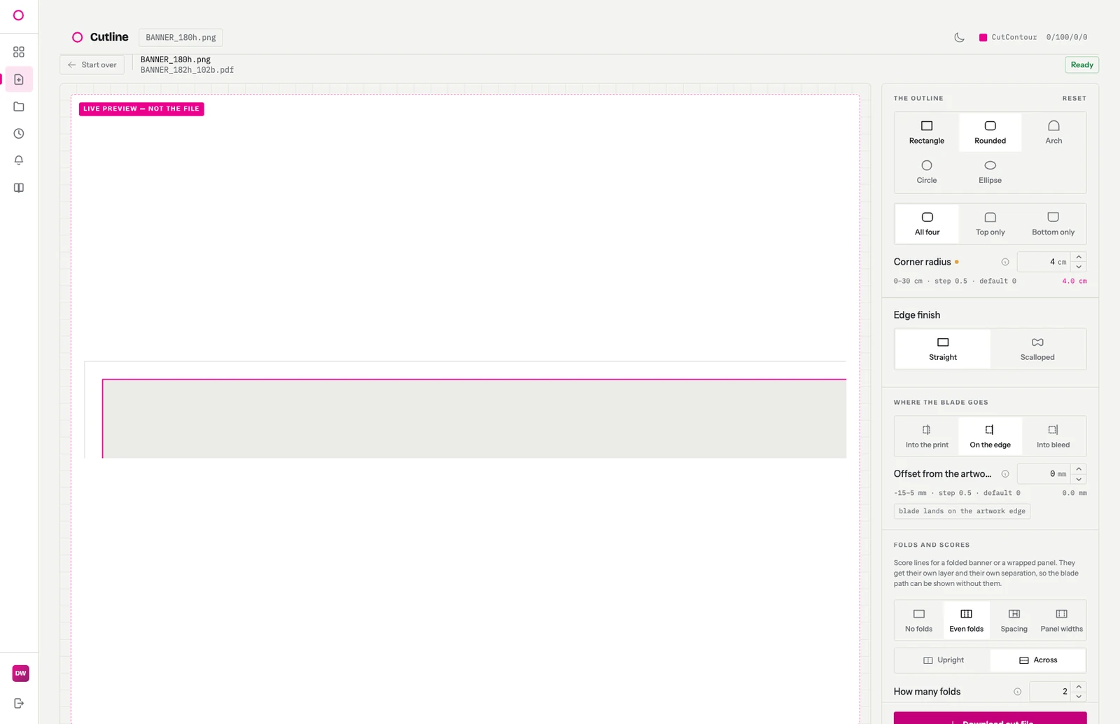 The shape screen with the outline switched through rectangle, rounded, arch, ellipse and circle on a tall banner: the cut path redraws over the artwork each time, and the page size and outline named under the preview change with it