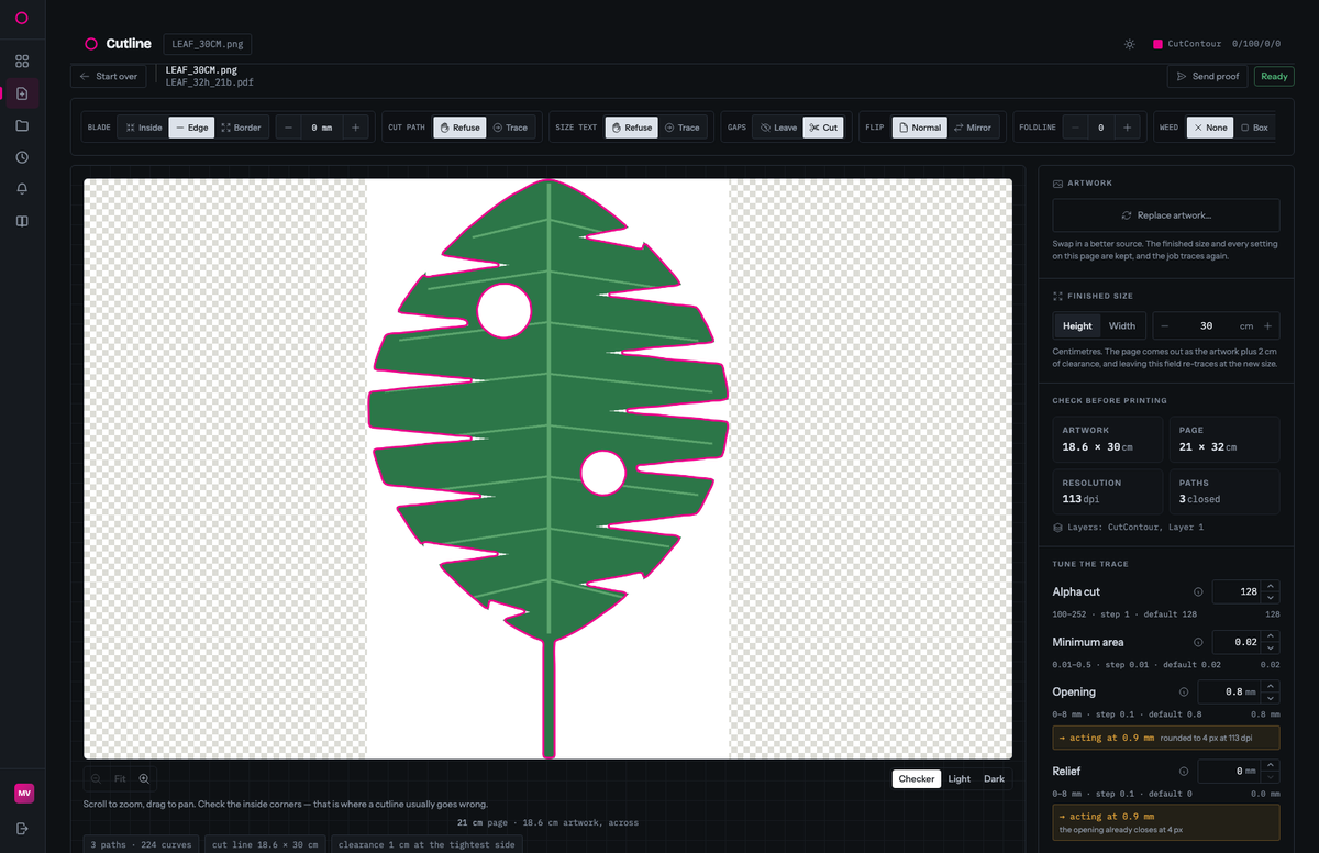 The single-file tuner: a traced leaf with the magenta cut path following its edge into every notch, and beside it the finished size, the preflight figures and the tuning controls