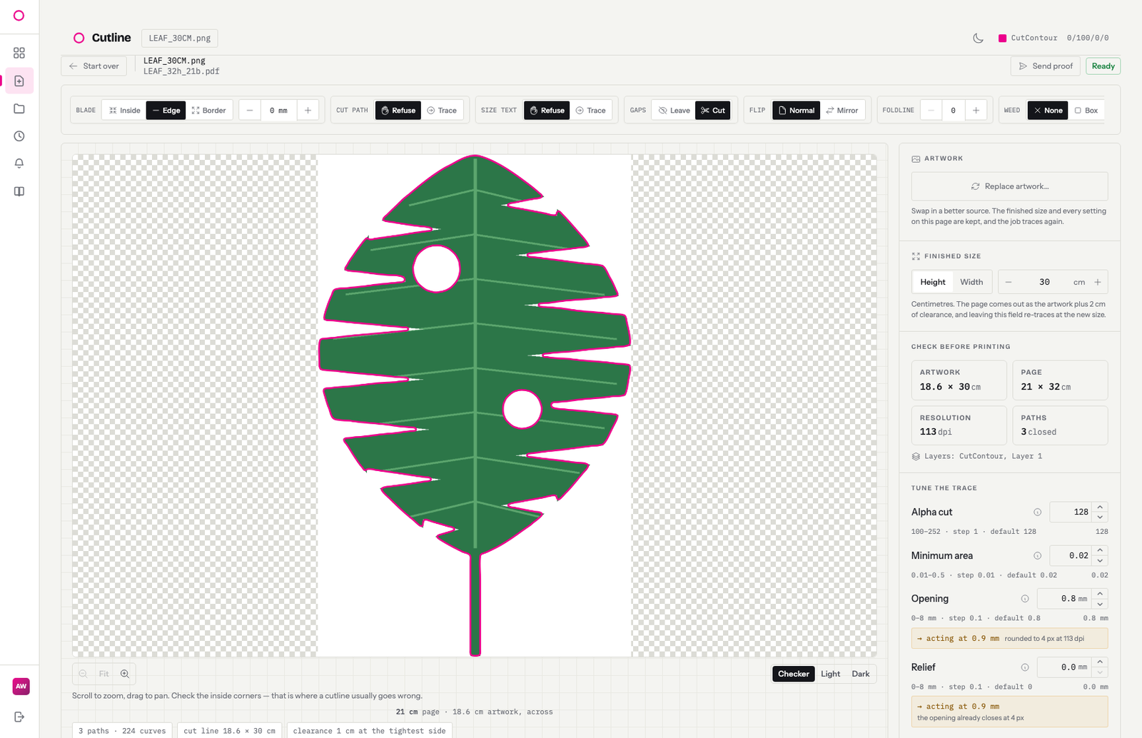 The tuner on a traced leaf with relief driven 0, 1, 2, 3 and back down to 0 mm. At 0 the cut reaches to the bottom of every notch; as the value rises the blade lifts out of them and the sharp inside corners round off; as it falls it drops back in