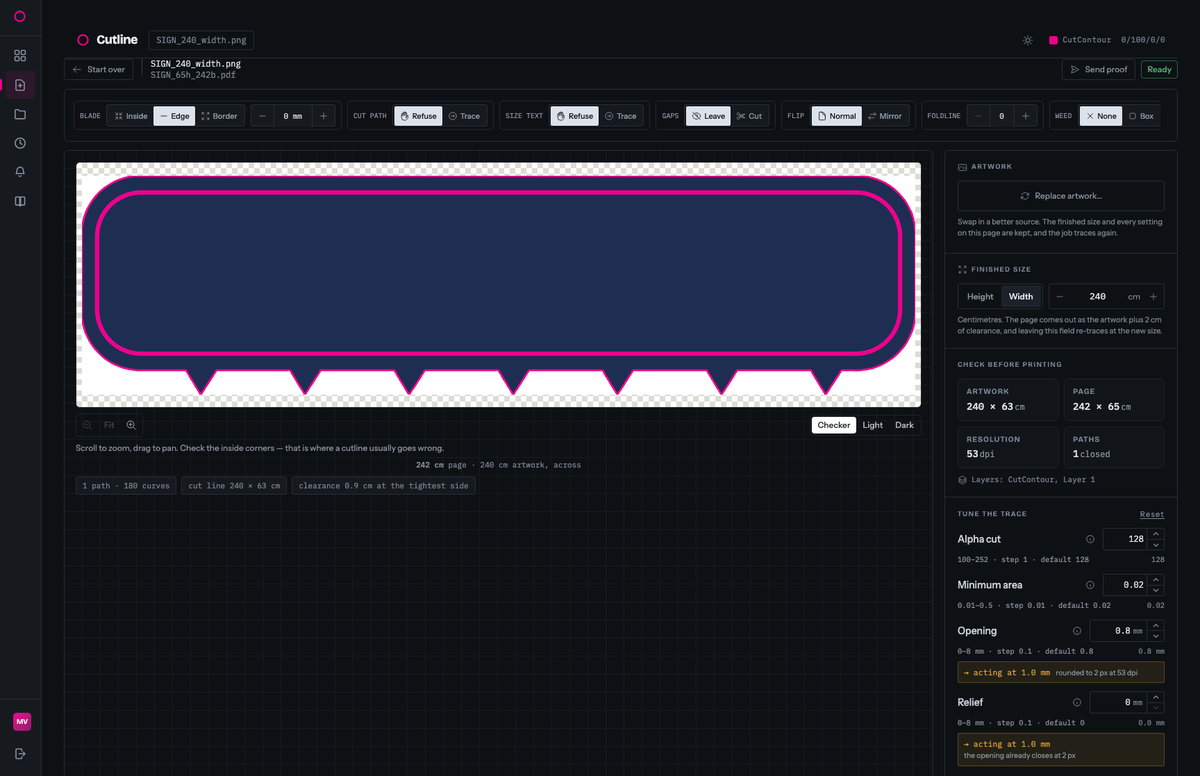 The tuner on a job sized by width: the finished-size control is switched to Width with 240 in it, and the artwork below reads 240 by 63 cm on a 242 by 65 cm page at 53 dpi
