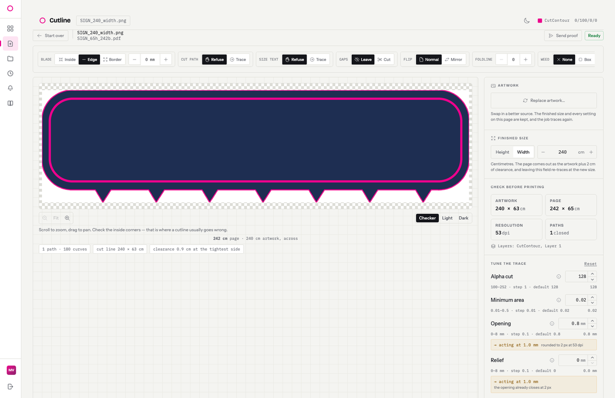 The tuner on a job sized by width: the finished-size control is switched to Width with 240 in it, and the artwork below reads 240 by 63 cm on a 242 by 65 cm page at 53 dpi